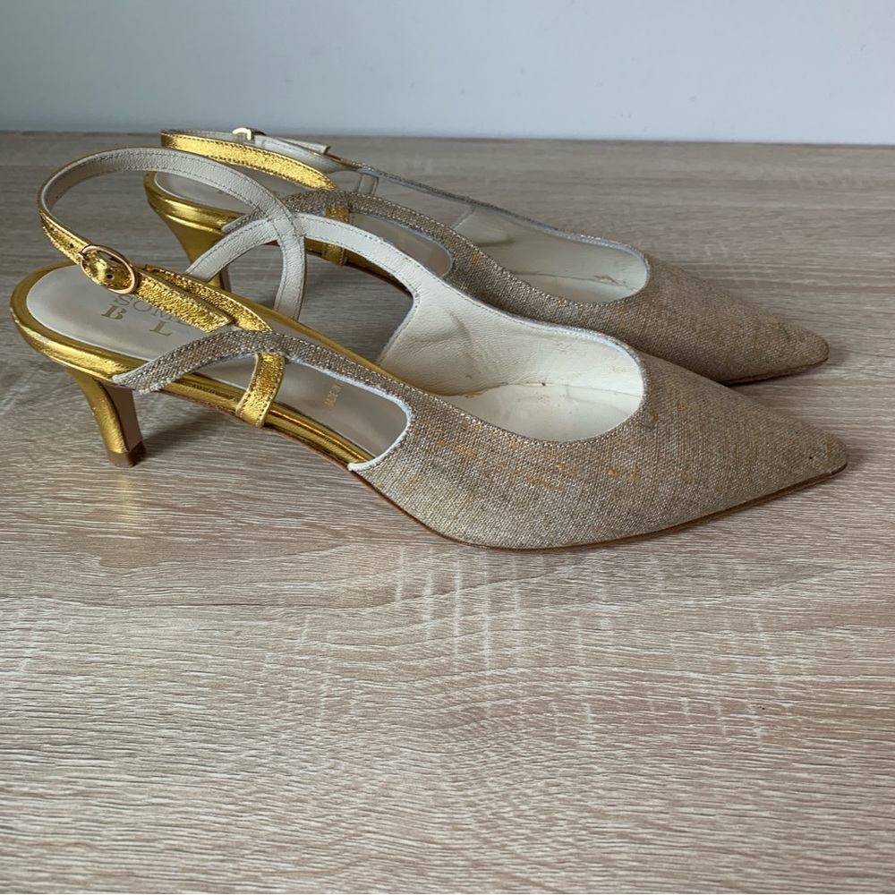 Vintage Pointed Toe Slingback Pump Gold Heels Special Occasion Something Bleu - Picture 3 of 15